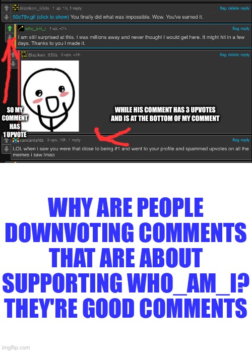 They need help | SO MY COMMENT HAS 1 UPVOTE; WHILE HIS COMMENT HAS 3 UPVOTES AND IS AT THE BOTTOM OF MY COMMENT; WHY ARE PEOPLE DOWNVOTING COMMENTS THAT ARE ABOUT SUPPORTING WHO_AM_I? THEY'RE GOOD COMMENTS | image tagged in blank white template | made w/ Imgflip meme maker