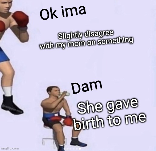 Dam tho | Ok ima; Slightly disagree with my mom on something; Dam; She gave birth to me | image tagged in ok ima fight textless,memes,mom | made w/ Imgflip meme maker