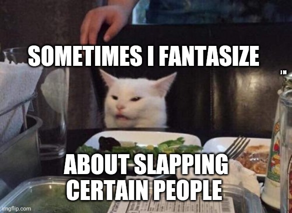 Salad cat | SOMETIMES I FANTASIZE; J M; ABOUT SLAPPING CERTAIN PEOPLE | image tagged in salad cat | made w/ Imgflip meme maker