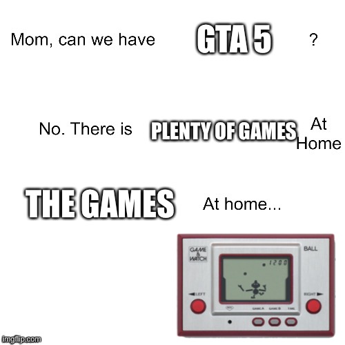 GIVE ME GTA | GTA 5; PLENTY OF GAMES; THE GAMES | image tagged in mom can we have | made w/ Imgflip meme maker