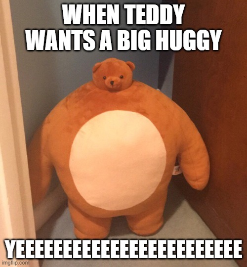 teddy | WHEN TEDDY WANTS A BIG HUGGY; YEEEEEEEEEEEEEEEEEEEEEEEE | image tagged in buff teddy bear | made w/ Imgflip meme maker