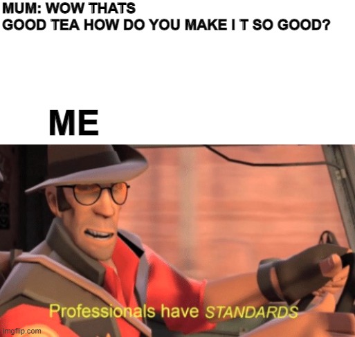 Professionals have standards | MUM: WOW THATS GOOD TEA HOW DO YOU MAKE I T SO GOOD? ME | image tagged in professionals have standards | made w/ Imgflip meme maker