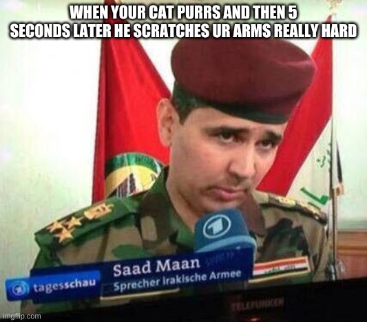 r/relatable | WHEN YOUR CAT PURRS AND THEN 5 SECONDS LATER HE SCRATCHES UR ARMS REALLY HARD | image tagged in saad maan | made w/ Imgflip meme maker