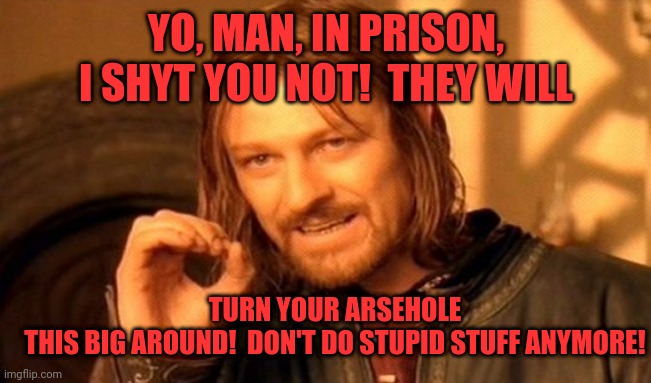 One Does Not Simply | YO, MAN, IN PRISON, I SHYT YOU NOT!  THEY WILL; TURN YOUR ARSEHOLE THIS BIG AROUND!  DON'T DO STUPID STUFF ANYMORE! | image tagged in memes,one does not simply | made w/ Imgflip meme maker