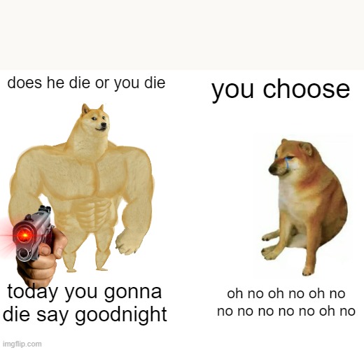 Buff Doge vs. Cheems | does he die or you die; you choose; today you gonna die say goodnight; oh no oh no oh no no no no no no oh no | image tagged in memes,buff doge vs cheems | made w/ Imgflip meme maker