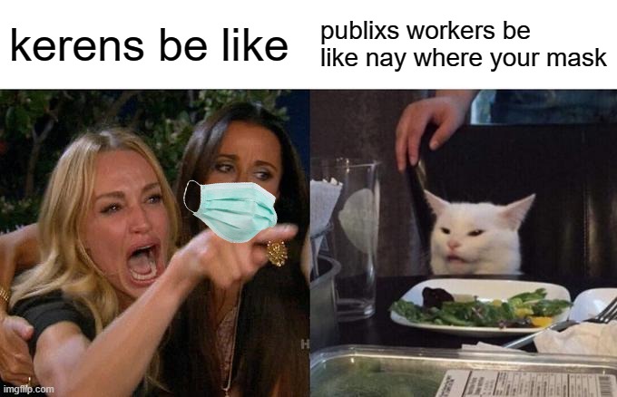 Woman Yelling At Cat Meme | kerens be like; publixs workers be like nay where your mask | image tagged in memes,woman yelling at cat,karen,masks,funny,lol | made w/ Imgflip meme maker