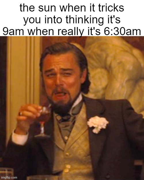 what did i do to you | the sun when it tricks you into thinking it's 9am when really it's 6:30am | image tagged in memes,laughing leo | made w/ Imgflip meme maker