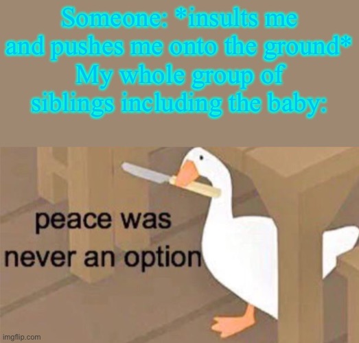 You mess with one you mess with all | Someone: *insults me and pushes me onto the ground*
My whole group of siblings including the baby: | image tagged in untitled goose peace was never an option,siblings,love,family | made w/ Imgflip meme maker
