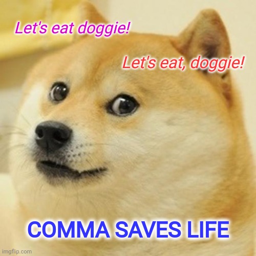 Comma saves life | Let's eat doggie! Let's eat, doggie! COMMA SAVES LIFE | image tagged in memes,doge | made w/ Imgflip meme maker