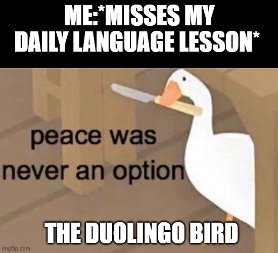 Peace was never an option | ME:*MISSES MY DAILY LANGUAGE LESSON*; THE DUOLINGO BIRD | image tagged in peace was never an option | made w/ Imgflip meme maker