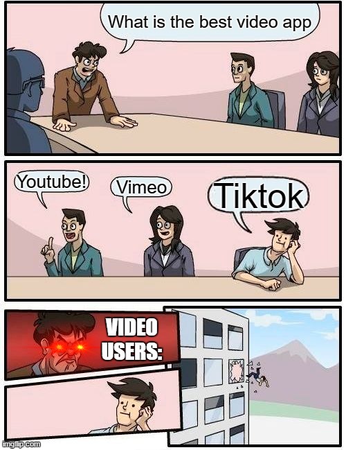 anti tiktok videos | What is the best video app; Youtube! Vimeo; Tiktok; VIDEO USERS: | image tagged in memes,boardroom meeting suggestion | made w/ Imgflip meme maker