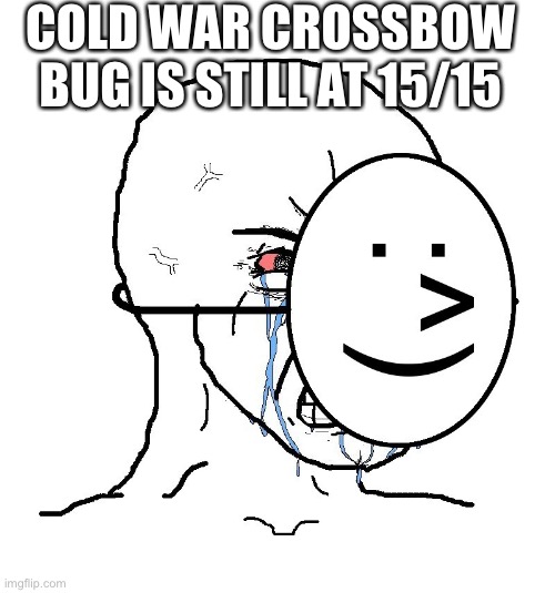 Pretending To Be Happy, Hiding Crying Behind A Mask | COLD WAR CROSSBOW BUG IS STILL AT 15/15 | image tagged in pretending to be happy hiding crying behind a mask,cod,call of duty,memes,funny memes,funny | made w/ Imgflip meme maker