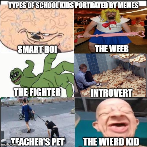 which one are you, comment | TYPES OF SCHOOL KIDS PORTRAYED BY MEMES; THE WEEB; SMART BOI; THE FIGHTER; INTROVERT; THE WIERD KID; TEACHER'S PET | image tagged in poggers | made w/ Imgflip meme maker