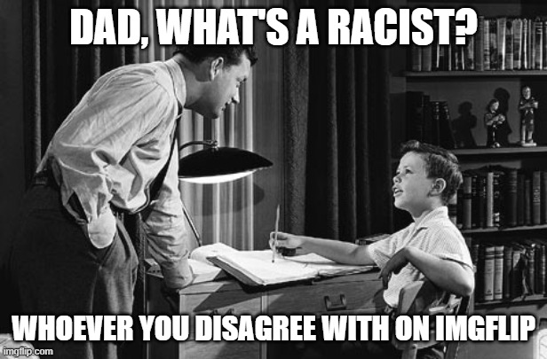 Father and son | DAD, WHAT'S A RACIST? WHOEVER YOU DISAGREE WITH ON IMGFLIP | image tagged in not racist,racist,father and son,political humor,political correctness | made w/ Imgflip meme maker