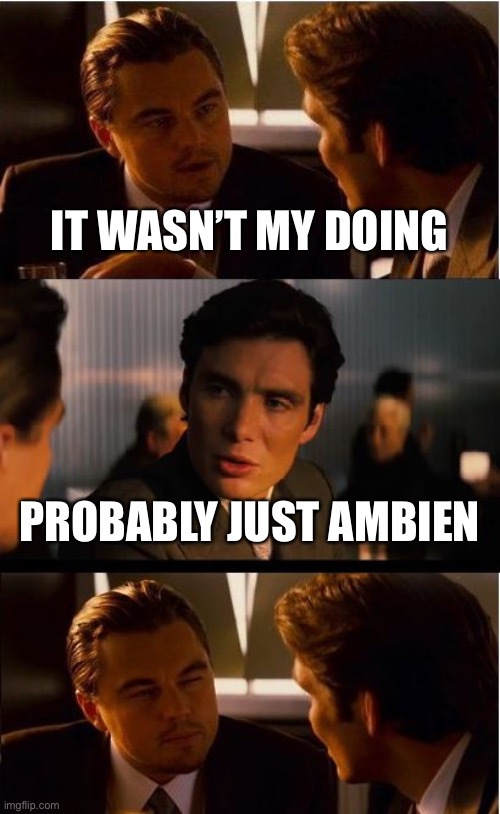 Inception Meme | IT WASN’T MY DOING PROBABLY JUST AMBIEN | image tagged in memes,inception | made w/ Imgflip meme maker