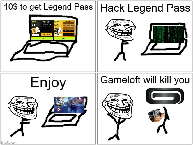 Asphalt 9 | 10$ to get Legend Pass; Hack Legend Pass; Enjoy; Gameloft will kill you | image tagged in memes,blank comic panel 2x2 | made w/ Imgflip meme maker