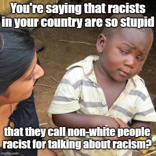 Some also claim we cause racism by acknowledging it | You're saying that racists in your country are so stupid; that they call non-white people racist for talking about racism? | image tagged in memes,third world skeptical kid,that's racist,minorities,accused | made w/ Imgflip meme maker