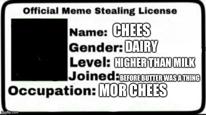 You gotta get one of these to steal memes | CHEES; DAIRY; HIGHER THAN MILK; BEFORE BUTTER WAS A THING; MOR CHEES | image tagged in meme stealing license | made w/ Imgflip meme maker