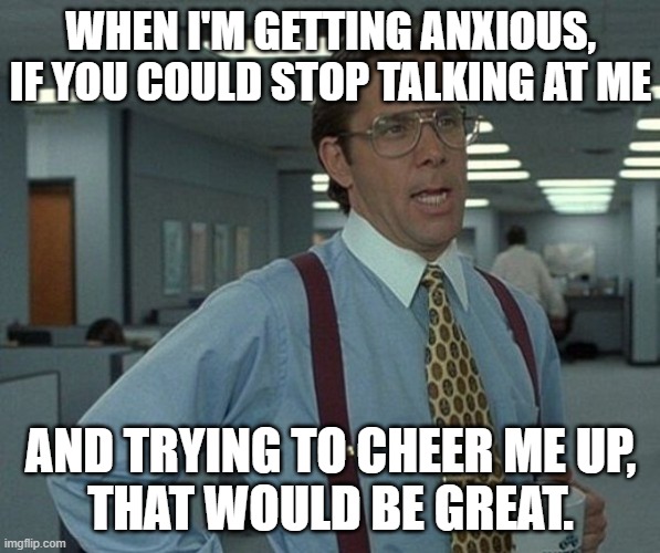 I know you mean well but... | WHEN I'M GETTING ANXIOUS, IF YOU COULD STOP TALKING AT ME; AND TRYING TO CHEER ME UP,
THAT WOULD BE GREAT. | image tagged in if you could just,depression sadness hurt pain anxiety,counterproductive,shut up | made w/ Imgflip meme maker
