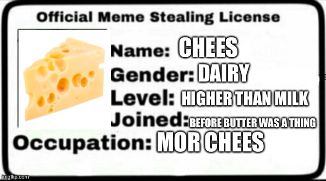Meme Stealing License | CHEES; DAIRY; HIGHER THAN MILK; BEFORE BUTTER WAS A THING; MOR CHEES | image tagged in meme stealing license | made w/ Imgflip meme maker