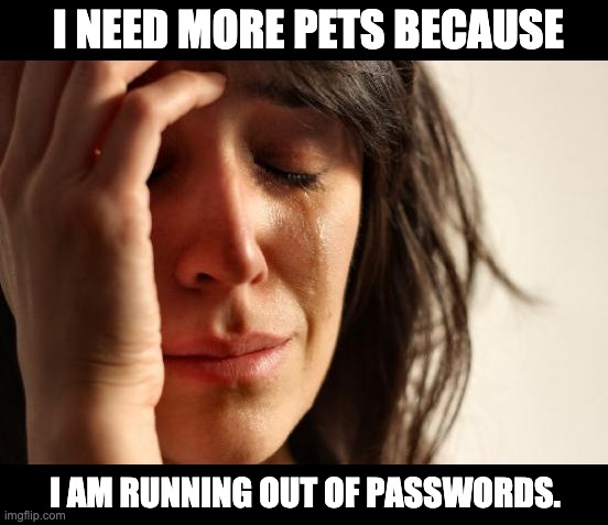 Pets | I NEED MORE PETS BECAUSE; I AM RUNNING OUT OF PASSWORDS. | image tagged in memes,first world problems | made w/ Imgflip meme maker