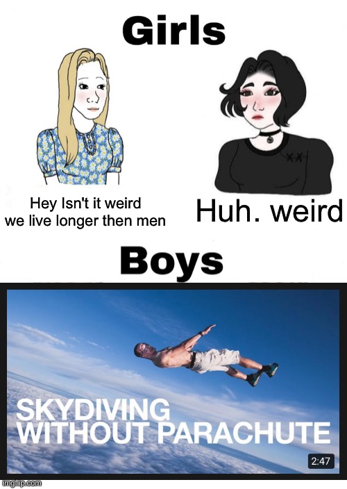 Girls vs Boys | Huh. weird; Hey Isn't it weird we live longer then men; I; I; I | image tagged in girls vs boys | made w/ Imgflip meme maker
