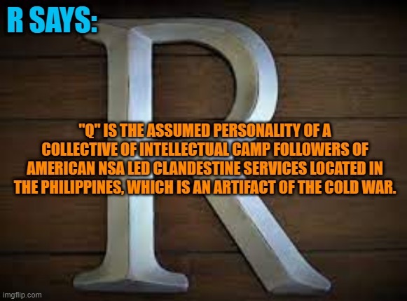 They're "Out There." | R SAYS:; "Q" IS THE ASSUMED PERSONALITY OF A COLLECTIVE OF INTELLECTUAL CAMP FOLLOWERS OF AMERICAN NSA LED CLANDESTINE SERVICES LOCATED IN THE PHILIPPINES, WHICH IS AN ARTIFACT OF THE COLD WAR. | image tagged in politics | made w/ Imgflip meme maker