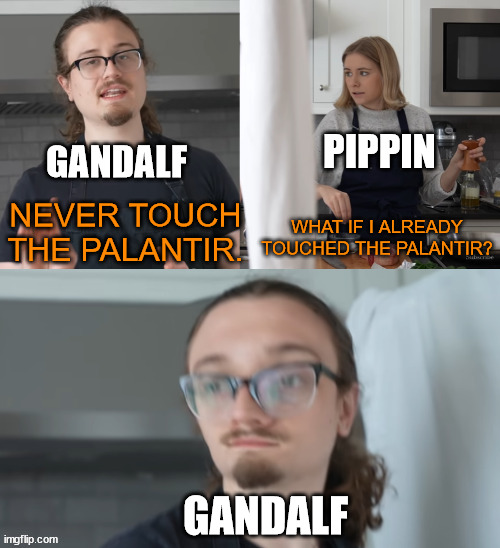 What if I already? | PIPPIN; GANDALF; NEVER TOUCH THE PALANTIR. WHAT IF I ALREADY TOUCHED THE PALANTIR? GANDALF | image tagged in what if i already | made w/ Imgflip meme maker