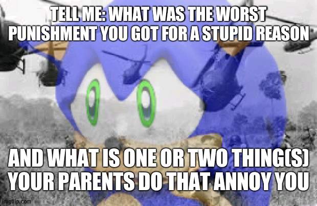 Sonic veitnam war | TELL ME: WHAT WAS THE WORST PUNISHMENT YOU GOT FOR A STUPID REASON; AND WHAT IS ONE OR TWO THING(S) YOUR PARENTS DO THAT ANNOY YOU | image tagged in sonic veitnam war | made w/ Imgflip meme maker