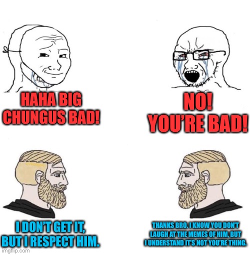 Chad we know | HAHA BIG CHUNGUS BAD! NO! YOU’RE BAD! I DON’T GET IT, BUT I RESPECT HIM. THANKS BRO. I KNOW YOU DON’T LAUGH AT THE MEMES OF HIM, BUT I UNDERSTAND IT’S NOT YOU’RE THING. | image tagged in chad we know | made w/ Imgflip meme maker