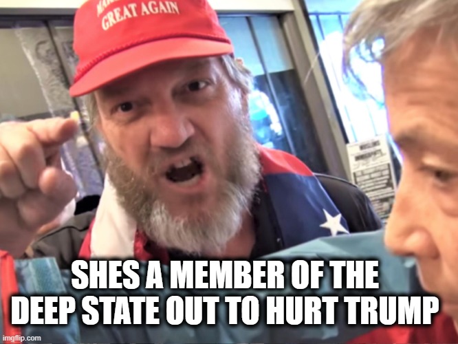 Angry Trump Supporter | SHES A MEMBER OF THE DEEP STATE OUT TO HURT TRUMP | image tagged in angry trump supporter | made w/ Imgflip meme maker