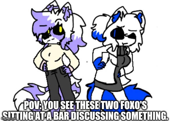 Retro and Clear | POV: YOU SEE THESE TWO FOXO'S SITTING AT A BAR DISCUSSING SOMETHING. | image tagged in retro and clear | made w/ Imgflip meme maker