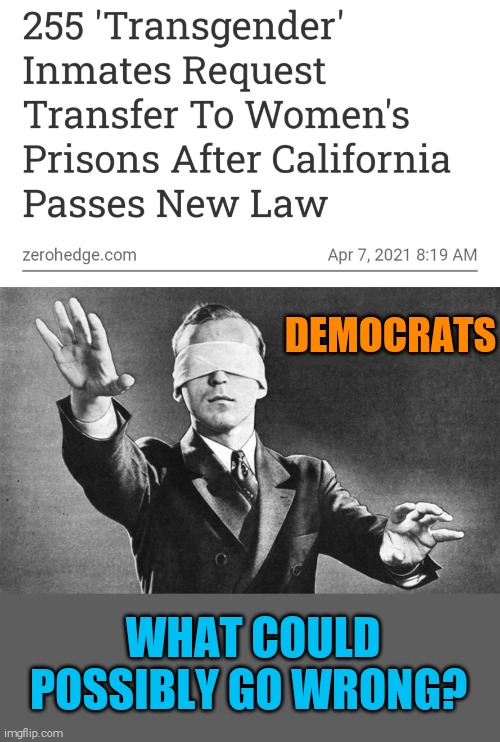 I think they should be allowed in women's prisons only after having the surgery if they're really serious | DEMOCRATS; WHAT COULD POSSIBLY GO WRONG? | image tagged in blindfolded,transgender | made w/ Imgflip meme maker