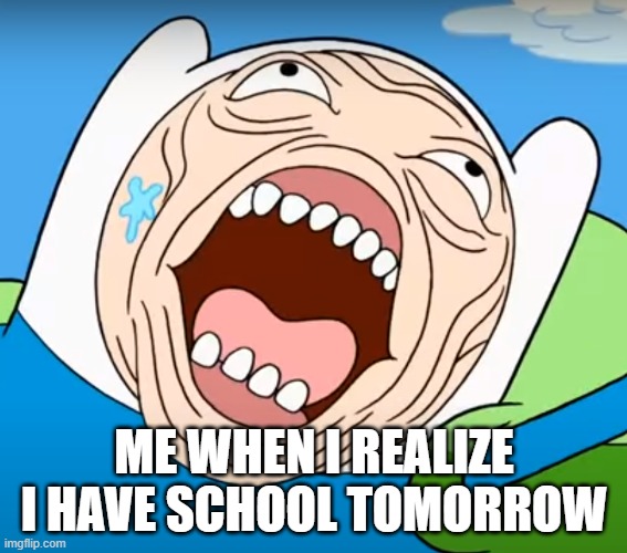 Finn's Face | ME WHEN I REALIZE I HAVE SCHOOL TOMORROW | image tagged in finn's face | made w/ Imgflip meme maker