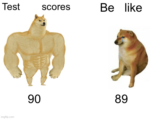 Buff Doge vs. Cheems | Test        scores; Be   like; 90; 89 | image tagged in memes,buff doge vs cheems | made w/ Imgflip meme maker