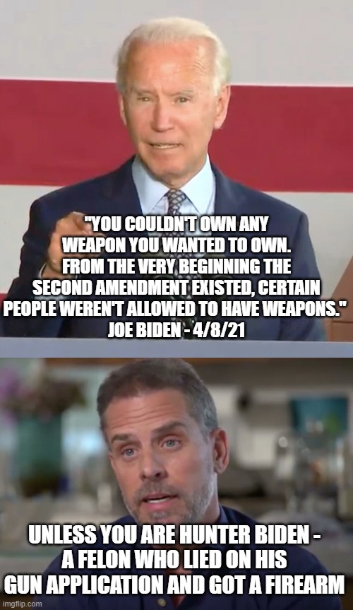B.S. Runs in the Family | "YOU COULDN'T OWN ANY WEAPON YOU WANTED TO OWN. FROM THE VERY BEGINNING THE SECOND AMENDMENT EXISTED, CERTAIN PEOPLE WEREN'T ALLOWED TO HAVE WEAPONS." 
JOE BIDEN - 4/8/21; UNLESS YOU ARE HUNTER BIDEN -
A FELON WHO LIED ON HIS GUN APPLICATION AND GOT A FIREARM | image tagged in hunter biden,joe biden,nra,liberals,democrats,ar-15 | made w/ Imgflip meme maker