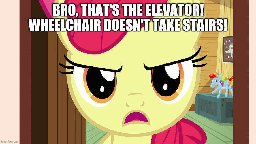 Unamused Apple Bloom (MLP) | BRO, THAT'S THE ELEVATOR! WHEELCHAIR DOESN'T TAKE STAIRS! | image tagged in unamused apple bloom mlp | made w/ Imgflip meme maker