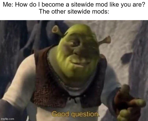 lol | Me: How do I become a sitewide mod like you are?
The other sitewide mods: | image tagged in shrek good question | made w/ Imgflip meme maker
