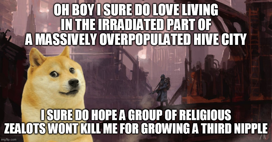 le inquisition has arrived | OH BOY I SURE DO LOVE LIVING IN THE IRRADIATED PART OF A MASSIVELY OVERPOPULATED HIVE CITY; I SURE DO HOPE A GROUP OF RELIGIOUS ZEALOTS WONT KILL ME FOR GROWING A THIRD NIPPLE | image tagged in doge,warhammer 40k | made w/ Imgflip meme maker