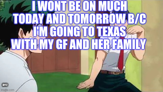 b a i | I WONT BE ON MUCH TODAY AND TOMORROW B/C I'M GOING TO TEXAS WITH MY GF AND HER FAMILY; BYE! | image tagged in iida jig | made w/ Imgflip meme maker