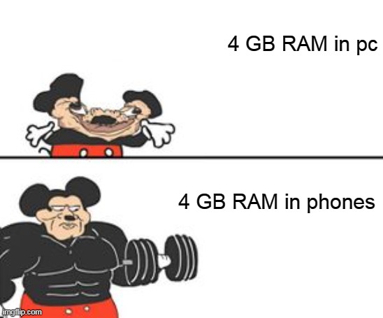 Buff Mokey | 4 GB RAM in pc; 4 GB RAM in phones | image tagged in buff mokey | made w/ Imgflip meme maker