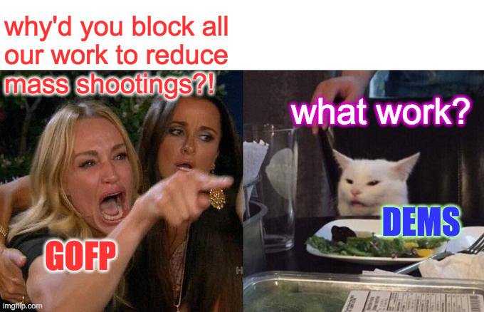 Woman Yelling At Cat Meme | why'd you block all
our work to reduce
mass shootings?! what work? GOFP DEMS | image tagged in memes,woman yelling at cat | made w/ Imgflip meme maker