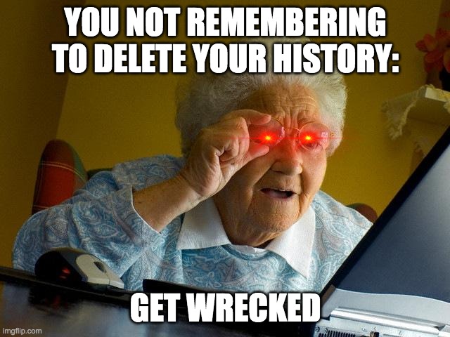 Grandma Finds The Internet | YOU NOT REMEMBERING TO DELETE YOUR HISTORY:; GET WRECKED | image tagged in memes,grandma finds the internet | made w/ Imgflip meme maker