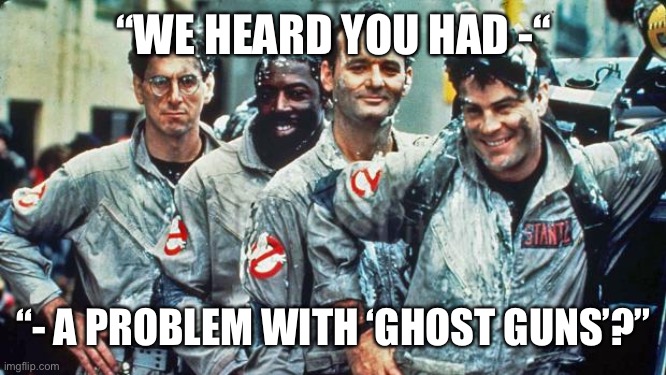 ghostbusters | “WE HEARD YOU HAD -“ “- A PROBLEM WITH ‘GHOST GUNS’?” | image tagged in ghostbusters | made w/ Imgflip meme maker