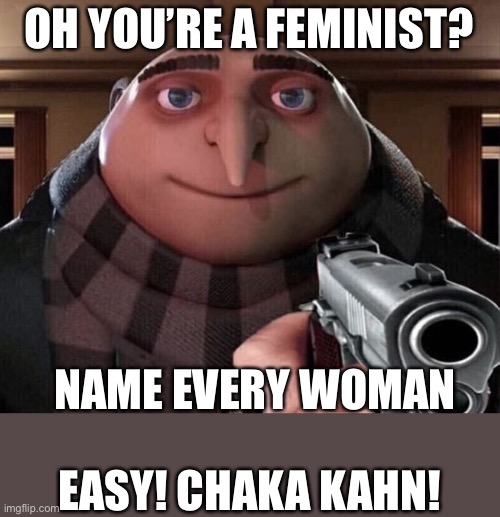 She’s every woman | OH YOU’RE A FEMINIST? NAME EVERY WOMAN; EASY! CHAKA KAHN! | image tagged in gru gun | made w/ Imgflip meme maker
