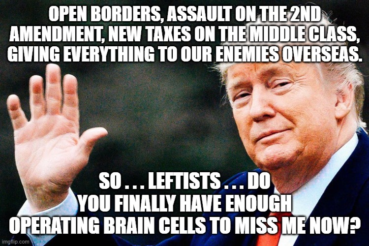 Do you miss me now leftists? |  OPEN BORDERS, ASSAULT ON THE 2ND AMENDMENT, NEW TAXES ON THE MIDDLE CLASS, GIVING EVERYTHING TO OUR ENEMIES OVERSEAS. SO . . . LEFTISTS . . . DO YOU FINALLY HAVE ENOUGH OPERATING BRAIN CELLS TO MISS ME NOW? | image tagged in smug trump | made w/ Imgflip meme maker