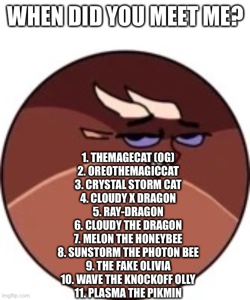 Deltaball | WHEN DID YOU MEET ME? 1. THEMAGECAT (OG)
2. OREOTHEMAGICCAT
3. CRYSTAL STORM CAT
4. CLOUDY X DRAGON
5. RAY-DRAGON
6. CLOUDY THE DRAGON
7. MELON THE HONEYBEE
8. SUNSTORM THE PHOTON BEE
9. THE FAKE OLIVIA
10. WAVE THE KNOCKOFF OLLY
11. PLASMA THE PIKMIN | image tagged in deltaball | made w/ Imgflip meme maker