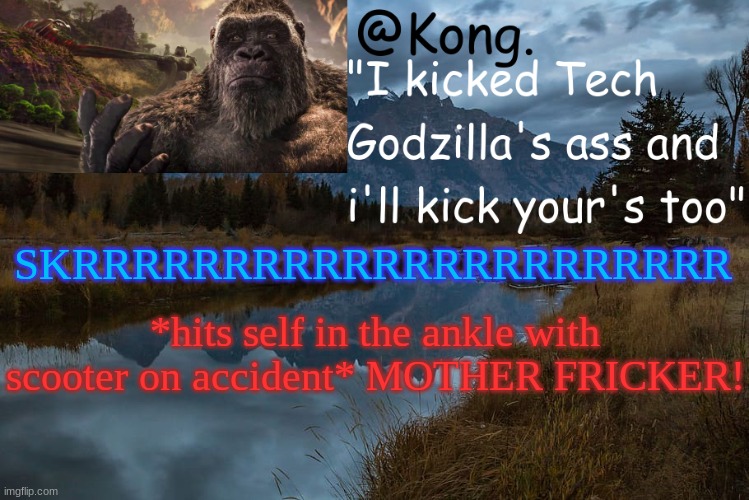 Don't you just hate when you hit yourself in the ankle with your scooter? | SKRRRRRRRRRRRRRRRRRRRRRR; *hits self in the ankle with scooter on accident* MOTHER FRICKER! | image tagged in kong 's new temp | made w/ Imgflip meme maker
