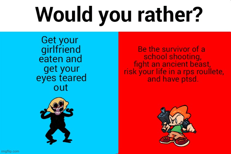 Be a survivor of a school shooting, fight an ancient beast, risk your life in a rps roullete, and have ptsd. Get your girlfriend eaten and get your eyes teared out | made w/ Imgflip meme maker