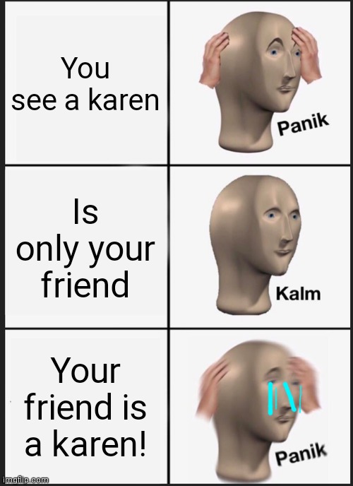 Karen please wear masks | You see a karen; Is only your friend; Your friend is a karen! | image tagged in memes,panik kalm panik | made w/ Imgflip meme maker